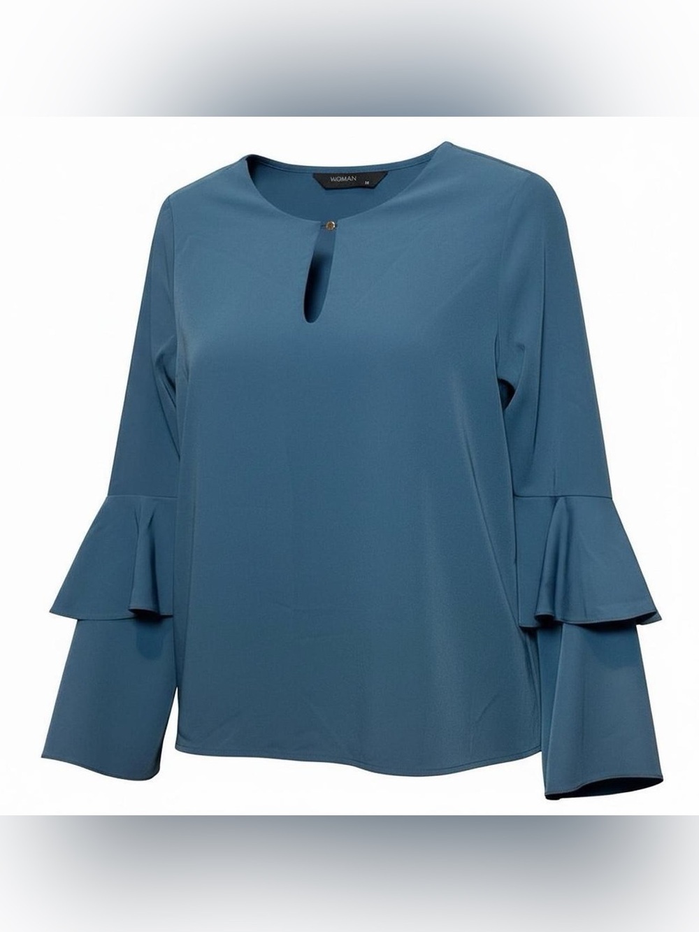 Elegant Blue Bell Sleeve Ruffle Blouse with Keyhole Neckline – Size M